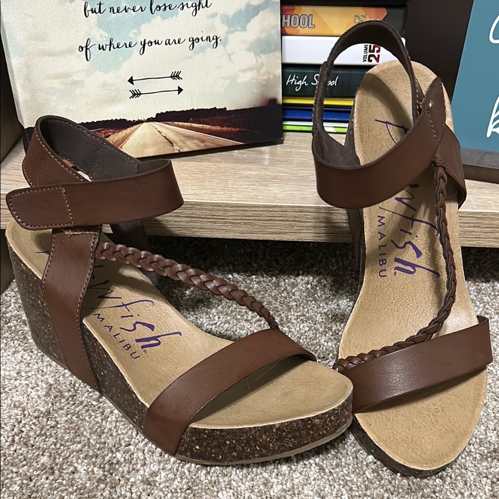Blowfish Brown Wedge Sandals with Adjustable Ankle Strap